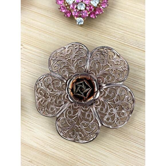 VTG 4x Brooch Pin Lot Filigree Amber Floral Prong 3D Gold Tone Bronze 1960s - Picture 5 of 16